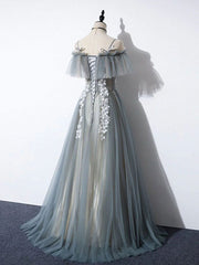 Evening Dress For Weddings, Gray Blue A line Tulle Lace Long Prom Dress, Gray Blue Graduation Dresses