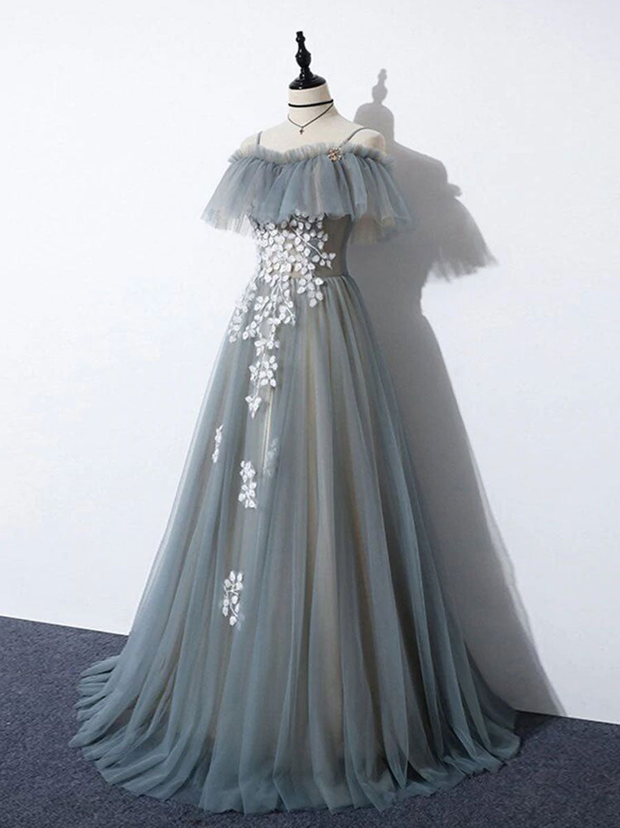 Evening Dress For Wedding, Gray Blue A line Tulle Lace Long Prom Dress, Gray Blue Graduation Dresses