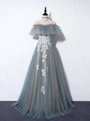 Evening Dresses For Party, Gray Blue A line Tulle Lace Long Prom Dress, Gray Blue Graduation Dresses