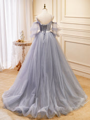 Party Dresses Maxi, Gray Blue A-Line Tulle Lace Long Prom Dresses, Gray Blue Formal Graduation Dress