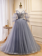 Party Dress Teens, Gray Blue A-Line Tulle Lace Long Prom Dresses, Gray Blue Formal Graduation Dress