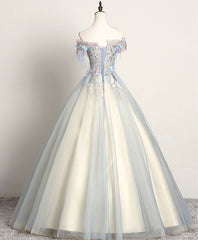 Country Wedding, Gray Blue Sweetheart Lace Long Prom Dress, Gray Blue Tulle Evening Dress