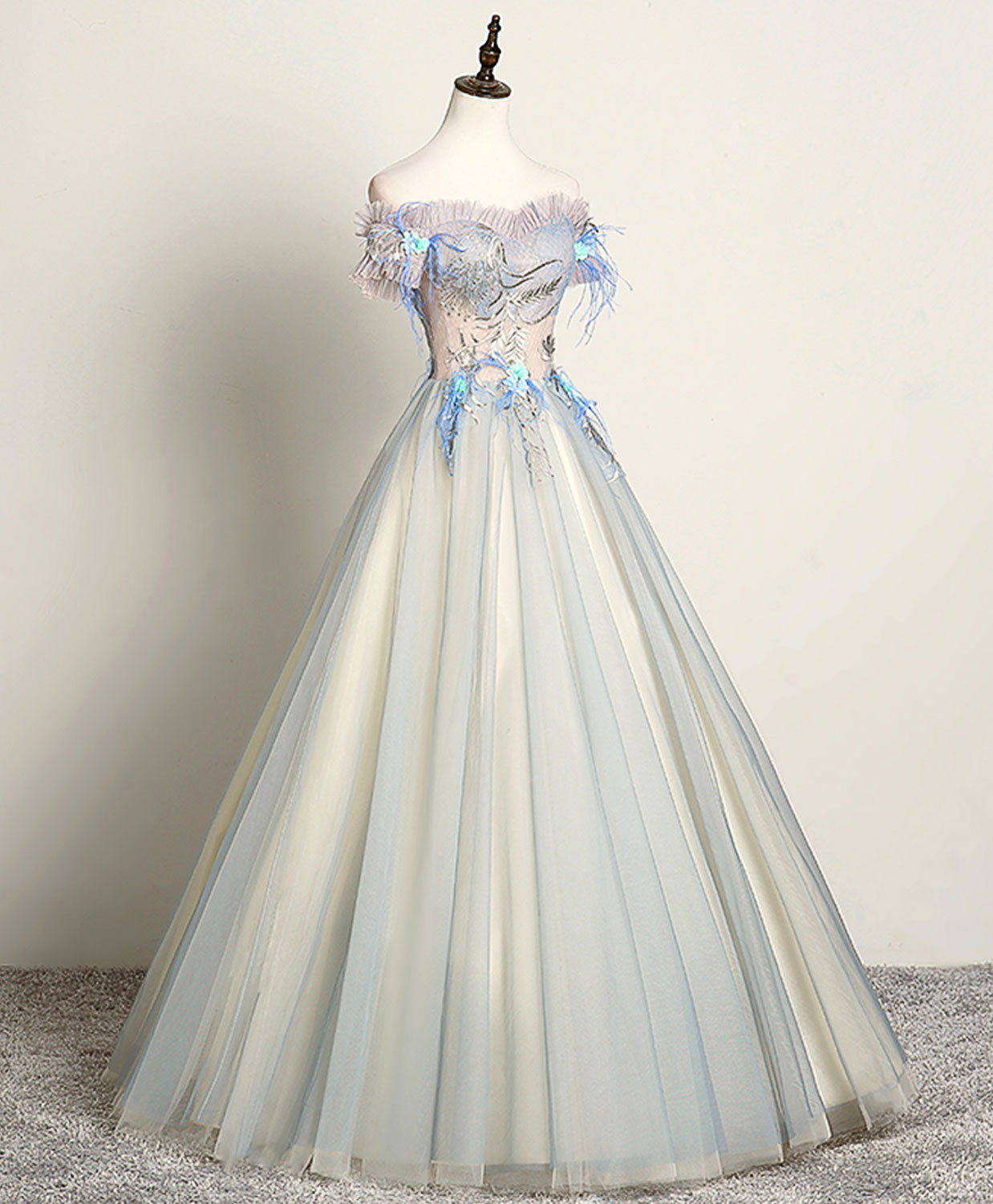 Flower Girl Dress, Gray Blue Sweetheart Lace Long Prom Dress, Gray Blue Tulle Evening Dress