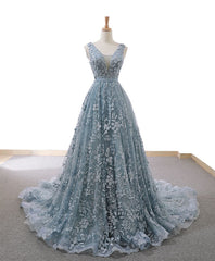 Bridesmaid Dresses Mismatched Summer, Gray Blue Tulle Lace Long Prom Dress Gray Blue Lace Evening Dress
