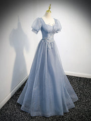 Beauty Dress Design, Gray Blue Tulle Long Prom Dress, Gray Blue Tulle Formal Evening Dresses