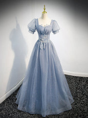 Red Gown, Gray Blue Tulle Long Prom Dress, Gray Blue Tulle Formal Evening Dresses