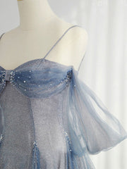 Homecoming Dress With Tulle, Gray Blue Tulle Tea Length Prom Dress, Blue A line Formal Dresses