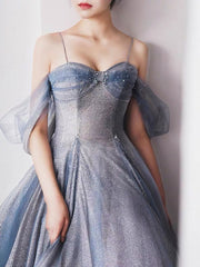 Homecoming Dresses With Tulle, Gray Blue Tulle Tea Length Prom Dress, Blue A line Formal Dresses