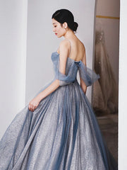 Homecomming Dresses Blue, Gray Blue Tulle Tea Length Prom Dress, Blue A line Formal Dresses