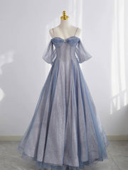 Homecoming Dress Boutiques, Gray Blue Tulle Tea Length Prom Dress, Blue A line Formal Dresses