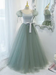 Bridesmaids Dresses Winter Wedding, Gray Green A-Line Tulle Long Prom Dress, Gray Green Formal Dress