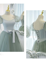 Bridesmaid Dresses For Winter Wedding, Gray Green A-Line Tulle Long Prom Dress, Gray Green Formal Dress