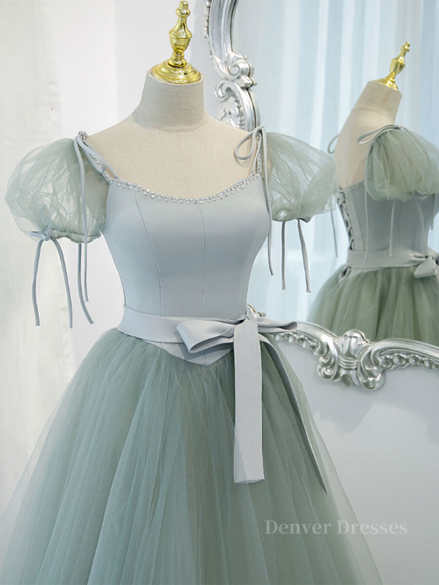 Bridesmaid Dress Vintage, Gray Green A-Line Tulle Long Prom Dress, Gray Green Formal Dress