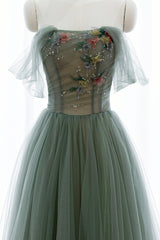 Formal Dress For Sale, Gray Green Tulle Beaded Long Prom Dress, A-Line Evening Dress