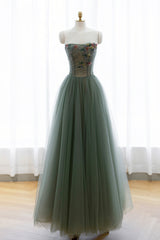 Formal Dresses Gown, Gray Green Tulle Beaded Long Prom Dress, A-Line Evening Dress