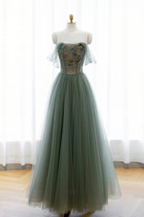 Formal Dress Shopping, Gray Green Tulle Beaded Long Prom Dress, A-Line Evening Dress