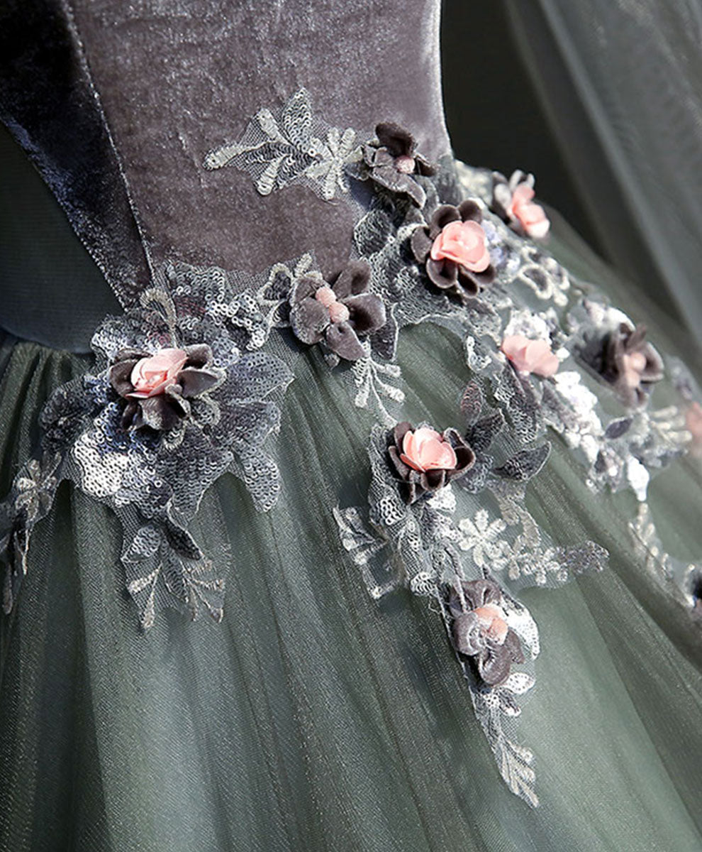 Bridesmaid Dress Green, Gray Green Tulle Lace Long Prom Dress Gray Tulle Formal Dress