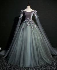 Bridesmaids Dresses Summer, Gray Green Tulle Lace Long Prom Dress Gray Tulle Formal Dress