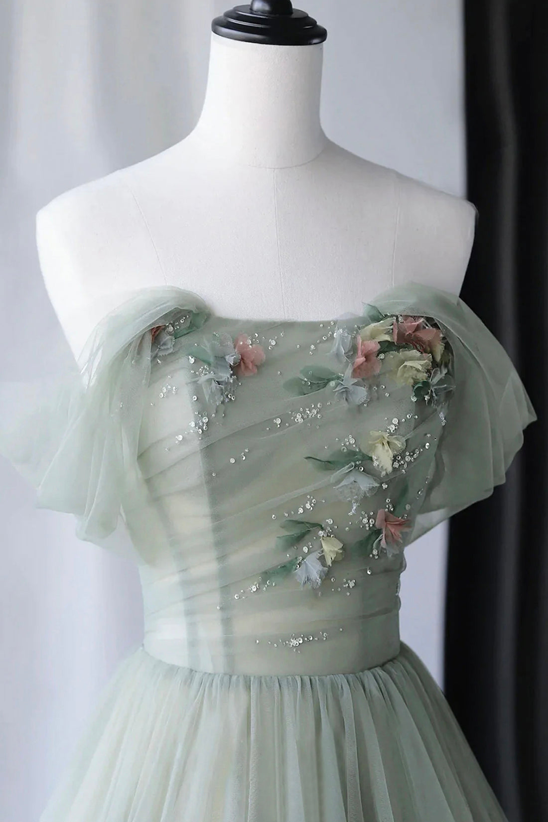 Formal Dress Australia, Gray Green Tulle Long Prom Dress, Lovely Off Shoulder A-Line Evening Dress