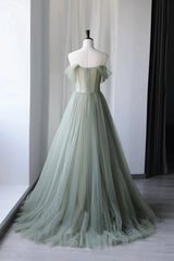 Formal Dress Boutique, Gray Green Tulle Long Prom Dress, Lovely Off Shoulder A-Line Evening Dress