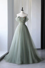 Formal Dress Party Wear, Gray Green Tulle Long Prom Dress, Lovely Off Shoulder A-Line Evening Dress