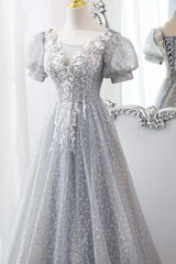 Bridesmaid Dresses Mismatched Fall, Gray Lace Long A-Line Prom Dress with Sequins, Cute Short Sleeve Evening Dress