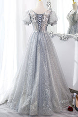 Bridesmaid Dress With Lace, Gray Lace Long A-Line Prom Dress with Sequins, Cute Short Sleeve Evening Dress