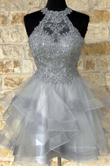 Prom Dress Store, Gray Lace Short Prom Dresses, Fluffy Gray Lace Homecoming Dresses, Gray Formal Evening Dresses