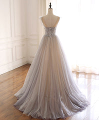 Prom Dresses Long Mermaid, Gray Purple Round Neck Tulle Long Prom Dress, A line Formal Graduation Dress