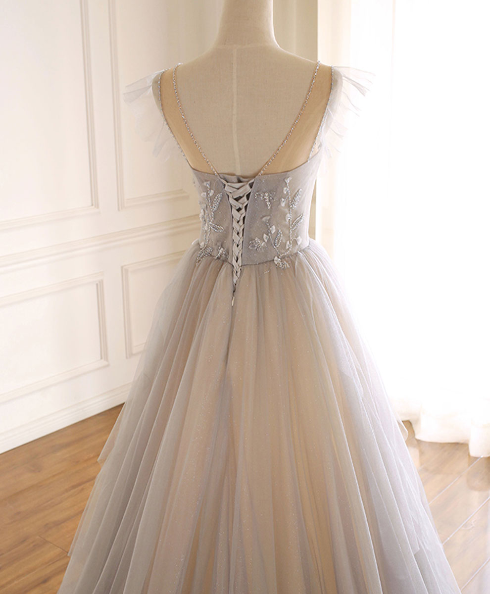 Prom Dress Purple, Gray Purple Round Neck Tulle Long Prom Dress, A line Formal Graduation Dress