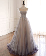 Prom Dress Long Mermaid, Gray Purple Round Neck Tulle Long Prom Dress, A line Formal Graduation Dress