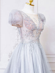 Prom Dresses Tulle, Gray Round Neck Tulle Lace Long Prom Dress, Gray Tulle Evening Dress