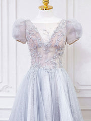 Prom Dress Blue, Gray Round Neck Tulle Lace Long Prom Dress, Gray Tulle Evening Dress