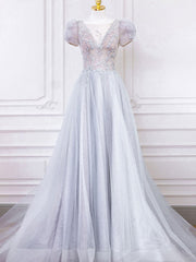 Prom Dress Tulle, Gray Round Neck Tulle Lace Long Prom Dress, Gray Tulle Evening Dress