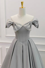 Debutant Dress, Gray Satin Floor Length Formal Dress with Pearls, Cute A-Line Prom Dress