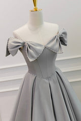 Royal Dress, Gray Satin Floor Length Formal Dress with Pearls, Cute A-Line Prom Dress