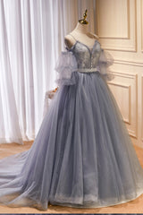 Evening Dress Styles, Gray Spaghetti Strap Lace Long Prom Dress, Off the Shoulder Evening Party Dress