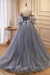 Evening Dresses Dresses, Gray Spaghetti Strap Lace Long Prom Dress, Off the Shoulder Evening Party Dress