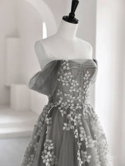 Homecomeing Dresses Short, Gray Sweetheart Neck A line Lace Long Prom Dress, Gray Formal Dress