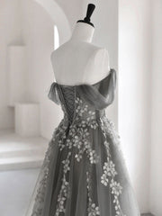 Homecoming Dressed Short, Gray Sweetheart Neck A line Lace Long Prom Dress, Gray Formal Dress