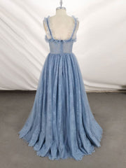 Prom Dress Fitted, Gray Sweetheart Neck Tulle Lace Long Prom Dress Blue Formal Dress
