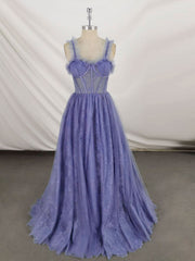 Prom Dresses Fitting, Gray Sweetheart Neck Tulle Lace Long Prom Dress Blue Formal Dress