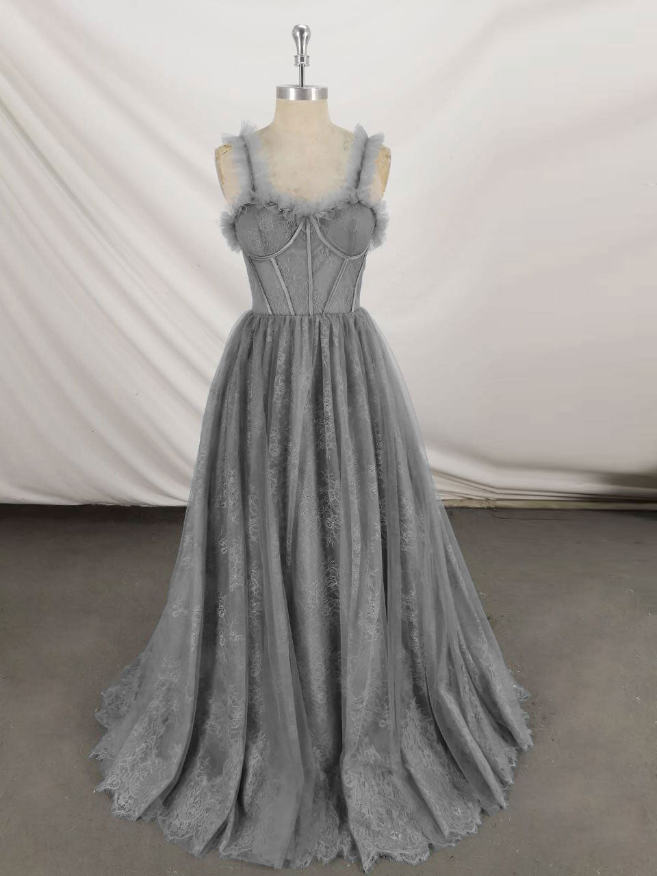 Prom Dress Long Formal Evening Gown, Gray Sweetheart Neck Tulle Lace Long Prom Dress Blue Formal Dress