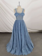 Prom Dresses For Brunettes, Gray Sweetheart Neck Tulle Lace Long Prom Dress Blue Formal Dress