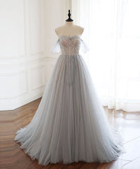 Bridesmaid Dresses Blues, Gray Sweetheart Tulle Beads Long Prom Dress Gray Tulle Formal Dress