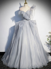 Prom Dress Unique, Gray Sweetheart Tulle Long Prom Dress, Gray Evening Dress