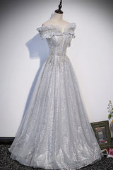 Party Dress Style, Gray Tulle Beaded Long A-Line Prom Dress, Cute Evening Party Dress
