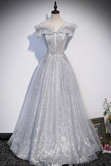 Party Dress Dress, Gray Tulle Beaded Long A-Line Prom Dress, Cute Evening Party Dress
