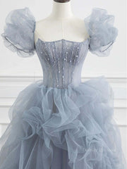 Prom Dresses Blues, Gray tulle beads long prom dress, gray tulle formal dress