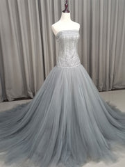 Cocktail Party Outfit, Gray Tulle Beads Long Prom Dress Gray Tulle Formal Evening Graduation Dresses